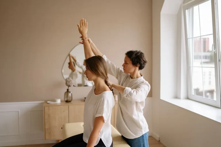 A therapist guides a woman through a stretching exercise in a calm, indoor setting.